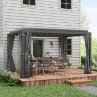 Outsunny 10' x 13' Outdoor Retractable Pergola w/ Sun Shade Aluminum Louvered Top, Pergola w/ Canopy, Curtains, Netting, Gray(m-2)