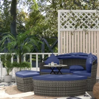 Outsunny 4 Piece Round Rattan Daybed Furniture Set, Canopy, Outdoor Sofa, 2 Chairs, Extending Table Ottoman Chair, Pillows, Blue(m-2)