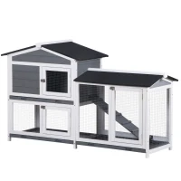 PawHut 2-tier Wooden Rabbit Hutch w/ Ramp and Outdoor Run, Grey(m-2)