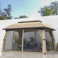 Outsunny 10' x 13' Outdoor Patio Gazebo, Beige Canopy Shelter with Netting, Vented Roof & Steel Frame for Garden, Lawn, Backyard, Deck(m-1)