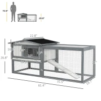 PawHut Large Rabbit Cage Outdoor 61"L Guinea Pig Hutch w/ Run Feeding Trough Removable Tray Ramp Asphalt Roof, White(m-3)