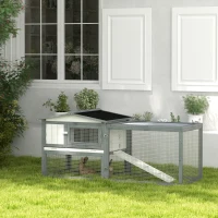 PawHut Large Rabbit Cage Outdoor 61"L Guinea Pig Hutch w/ Run Feeding Trough Removable Tray Ramp Asphalt Roof, White(m-2)