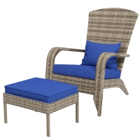 Outsunny Wicker Adirondack Chair Fire Pit Chair w/ Ottoman & Cushions, Blue