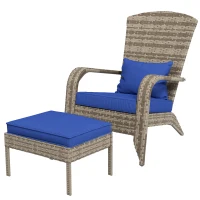 Outsunny Wicker Adirondack Chair Fire Pit Chair w/ Ottoman & Cushions, Blue(m-1)