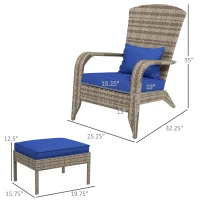 Outsunny Wicker Adirondack Chair Fire Pit Chair w/ Ottoman & Cushions, Blue(m-3)