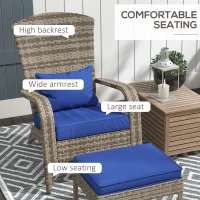 Outsunny Wicker Adirondack Chair Fire Pit Chair w/ Ottoman & Cushions, Blue(m-5)