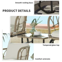 Outsunny 3 Pieces Patio Rocking Chair Patio Set with Cushions, Outdoor Round PE Rattan Wicker Hollow Design Conversation Set with Two Rocker Chairs, Glass Top Coffee Table, Beige(m-6)