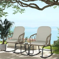 Outsunny 3 Pieces Patio Rocking Chair Patio Set with Cushions, Outdoor Round PE Rattan Wicker Hollow Design Conversation Set with Two Rocker Chairs, Glass Top Coffee Table, Beige(m-1)