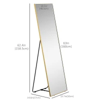 HOMCOM 63"x20" Full Length Mirror, Floor Standing, Wall-Mounted or Leaning Against Wall Tall Mirror w/Support Frame, Rectangular Full Body Mirror for Bedroom, Living Room, Gold(m-3)