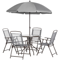Outsunny 6 Piece Patio Dining Set for 4 with Umbrella, with 4 Folding Dining Chairs & Round Glass Table for Garden, Gray