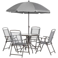 Outsunny 6 Piece Patio Dining Set for 4 with Umbrella, with 4 Folding Dining Chairs & Round Glass Table for Garden, Gray(m-1)