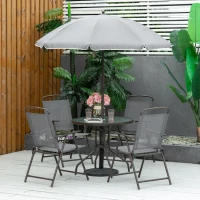 Outsunny 6 Piece Patio Dining Set for 4 with Umbrella, with 4 Folding Dining Chairs & Round Glass Table for Garden, Gray(m-2)