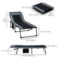 Outsunny Folding Chaise Lounge w/ 5-level Reclining Back, Outdoor Tanning Chair Lounge Chair w/ Padded Seat, Side Pocket, Headrest, Carry Strap, for Beach, Yard, Patio, Black(m-3)