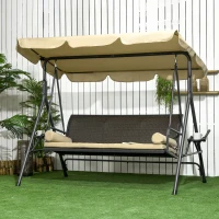 Outsunny Outdoor 3-Seat Porch Swing with Canopy, Rattan Seat, Removable Cushion, Pillows and Steel Frame(m-1)