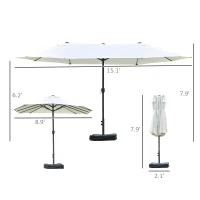 Outsunny 15' Outdoor Patio Umbrella with Twin Canopy Sunshade Steel Table Umbrella w/ Lift Crank, Cross base, Sandbag, Beige(m-3)