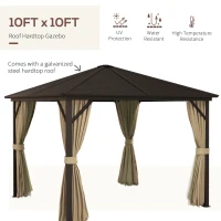 Outsunny 10' x 10' Hardtop Gazebo Canopy, Permanent Pavilion with Hook, Curtains, Aluminum Frame for Patio, Garden, Brown(m-5)