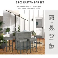 Outsunny 5 Piece Rattan Wicker Bar Set, High Top Outdoor Table and Chairs, Bar Height Patio Set, 2 Shelves & 4 Bar Stools, Gray(m-6)