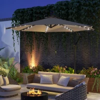 Outsunny 10ft Outdoor Cantilever Umbrella Banana Umbrella with Solar Lights and Adjustable Angle for Patio Backyard Khaki(m-1)