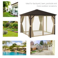 Outsunny 10' x 10' Hardtop Gazebo Canopy, Permanent Pavilion with Hook, Curtains, Aluminum Frame for Patio, Garden, Brown(m-6)