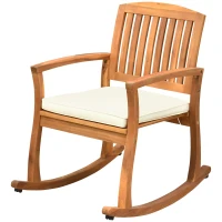 Outsunny Patio Rocking Chair, Indoor Outdoor Wooden Porch Rocker with Cushion for Deck, Balcony, Garden, Patio, Teak(m-2)