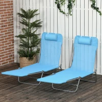 Outsunny Set of 2 Folding Chaise Lounge Chairs, Outdoor Poolside Sun Tanning Chairs w/ Pillow, Reclining Backrest, Blue(m-1)
