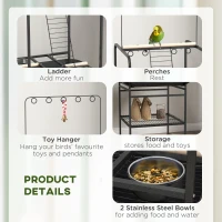 PawHut Bird Stand with Wheels, Perches, Stainless Steel Feed Bowls, Pull-Out Tray for Indoor Outdoor Small Parrot, Dark Gray(m-7)