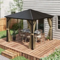 Outsunny 10' x 10' Hardtop Gazebo Canopy, Permanent Pavilion with Hook, Curtains, Aluminum Frame for Patio, Garden, Brown(m-2)
