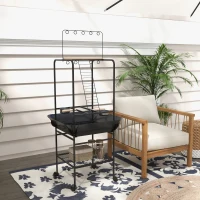 PawHut Bird Stand with Wheels, Perches, Stainless Steel Feed Bowls, Pull-Out Tray for Indoor Outdoor Small Parrot, Dark Gray(m-9)