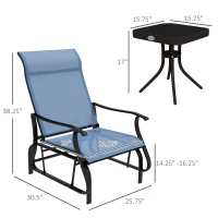 Outsunny 3-Piece Outdoor Gliders Set Bistro Set with Steel Frame, Tempered Glass Top Table for Patio, Garden, Light Blue(m-3)