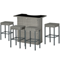 Outsunny 5 Piece Rattan Wicker Bar Set, High Top Outdoor Table and Chairs, Bar Height Patio Set, 2 Shelves & 4 Bar Stools, Gray