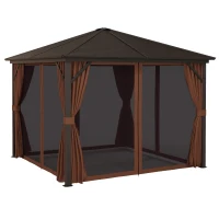 Outsunny 10' x 10' Hardtop Gazebo Canopy, Permanent Pavilion with Hook, Curtains, Aluminum Frame for Patio, Garden, Dark Brown(m-1)
