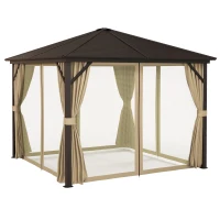 Outsunny 10' x 10' Hardtop Gazebo Canopy, Permanent Pavilion with Hook, Curtains, Aluminum Frame for Patio, Garden, Brown(m-1)