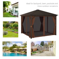Outsunny 10' x 10' Hardtop Gazebo Canopy, Permanent Pavilion with Hook, Curtains, Aluminum Frame for Patio, Garden, Dark Brown(m-6)