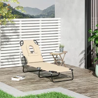 Outsunny Outdoor Lounge Chair, Garden Folding Chaise Lounge w/ Adjustable Backrest, Face Hole and Support Pillow, Beige(m-1)