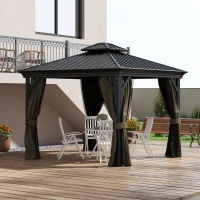 Outsunny 10' x 10' Hardtop Gazebo, Pavilion Gazebo with Curtains, Nettings, Aluminum Frame, Hooks, for Garden, Patio, Dark Brown(m-2)