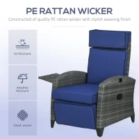 Outsunny PE Wicker Outdoor Recliner Chair with Adjustable Footrest and Cushions, Reclining Patio Lounge Chair with Armrests and Side Tray, Ideal for Balcony, Porch, Blue(m-4)