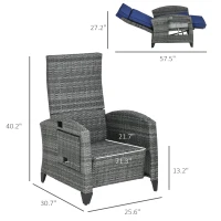 Outsunny PE Wicker Outdoor Recliner Chair with Adjustable Footrest and Cushions, Reclining Patio Lounge Chair with Armrests and Side Tray, Ideal for Balcony, Porch, Blue(m-2)