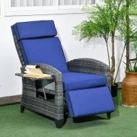Outsunny PE Wicker Outdoor Recliner Chair with Adjustable Footrest and Cushions, Reclining Patio Lounge Chair with Armrests and Side Tray, Ideal for Balcony, Porch, Blue(m-1)