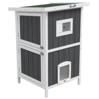 PawHut Outside Cat House Wooden Feral Cat House w/ Weatherproof Roof, Removable Floor, Escape Doors, for 1-2 Cats, Gray(m-1)