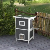 PawHut Outside Cat House Wooden Feral Cat House w/ Weatherproof Roof, Removable Floor, Escape Doors, for 1-2 Cats, Gray(m-2)