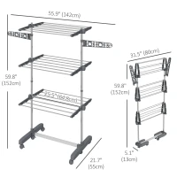 HOMCOM 3-Tier Foldable Clothes Drying Rack, Stainless Steel Laundry Rack with 2 Side Wings and 6 Castors, Collapsible Adjustable Clothes Airer for Indoor Outdoor, Grey(m-3)