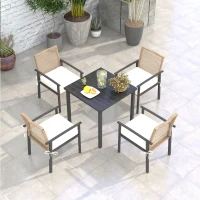 Outsunny 5 Pieces Outdoor Dining Set for 4, Wicker Rattan Patio Furniture Set, Patio Table and Chairs Set with Cushions, Square Metal Table Top, Conversation Set for Garden, Backyard, Deck, Beige(m-8)