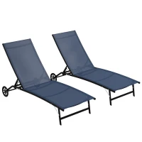Outsunny 2 Piece Outdoor Chaise Lounge Chairs with Wheels, 5 Level Adjustable Backrest for Patio, Beach, Yard, Pool, Dark Blue(m-1)