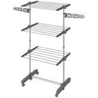 HOMCOM 3-Tier Foldable Clothes Drying Rack, Stainless Steel Laundry Rack with 2 Side Wings and 6 Castors, Collapsible Adjustable Clothes Airer for Indoor Outdoor, Grey(m-2)