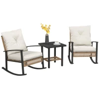 Outsunny 3 Pieces Bistro Set, Patio Wicker Furniture Set with Button Tufted Cushions, Rattan Rocking Chairs, Coffee Table, White(m-1)