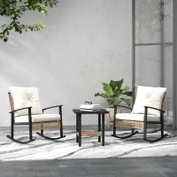 Outsunny 3 Pieces Bistro Set, Patio Wicker Furniture Set with Button Tufted Cushions, Rattan Rocking Chairs, Coffee Table, White(m-2)
