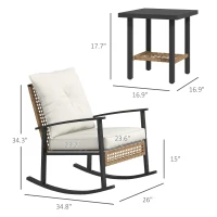 Outsunny 3 Pieces Bistro Set, Patio Wicker Furniture Set with Button Tufted Cushions, Rattan Rocking Chairs, Coffee Table, White(m-3)