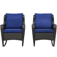 Outsunny 2 Piece Outdoor Wicker Rocking Chairs, Rattan Rockers with Cushions, Steel Frame for Patio, Garden, Backyard, Dark Blue