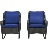 Outsunny 2 Piece Outdoor Wicker Rocking Chairs, Rattan Rockers with Cushions, Steel Frame for Patio, Garden, Backyard, Dark Blue(m-1)