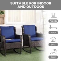 Outsunny 2 Piece Outdoor Wicker Rocking Chairs, Rattan Rockers with Cushions, Steel Frame for Patio, Garden, Backyard, Dark Blue(m-7)
